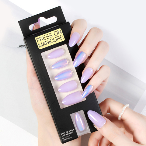 New Hologram Glossy Short Almond Fake Nails