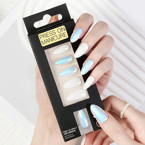 New Hologram Glossy Short Almond Fake Nails